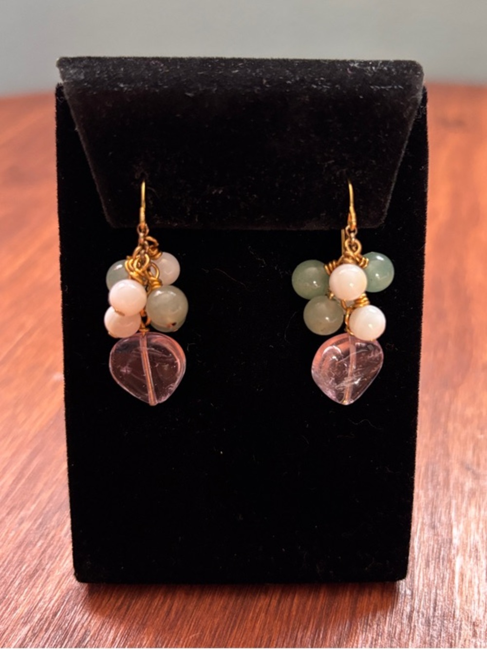Gold-Tone Pink-Purple Amethyst Heart Drop Cluster Earrings